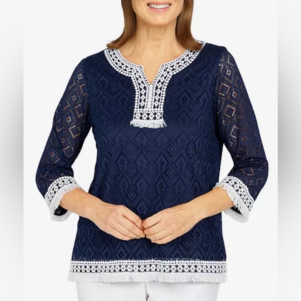 Alfred Dunner Women’s Plus Size 1X Navy Newport Diamond Lace Fringe Top Shirt 1X